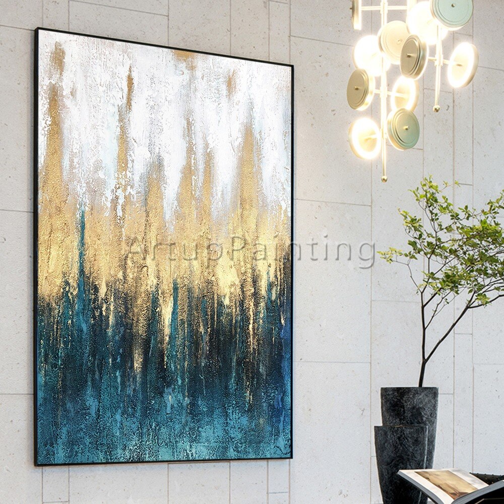 Pintura acr&iacute;lica abstracta moderna hecha a mano, lienzo azul, blanco y dorado, arte de pared, imagen para decoraci&oacute;n del hogar y sala de estar