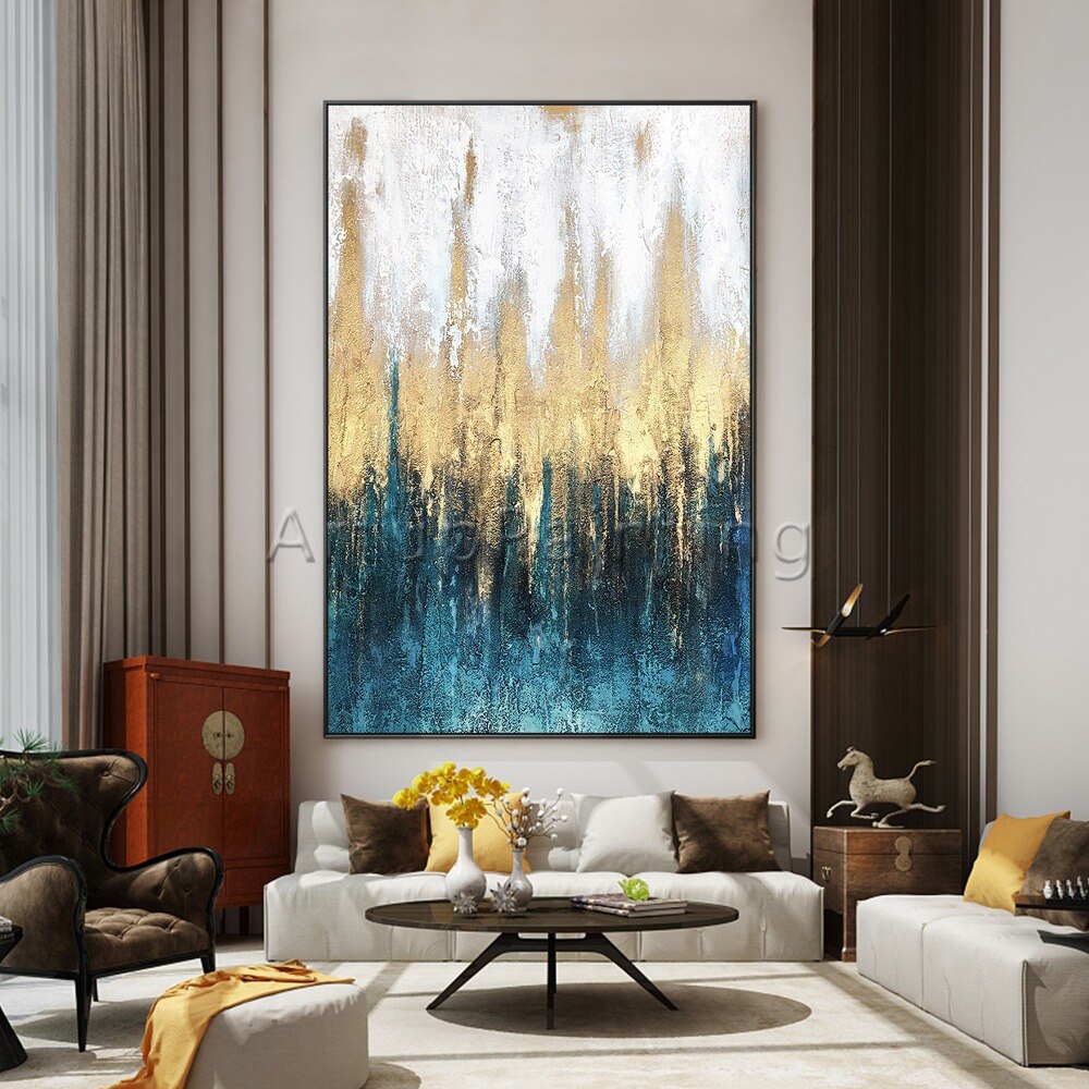 Pintura acr&iacute;lica abstracta moderna hecha a mano, lienzo azul, blanco y dorado, arte de pared, imagen para decoraci&oacute;n del hogar y sala de estar