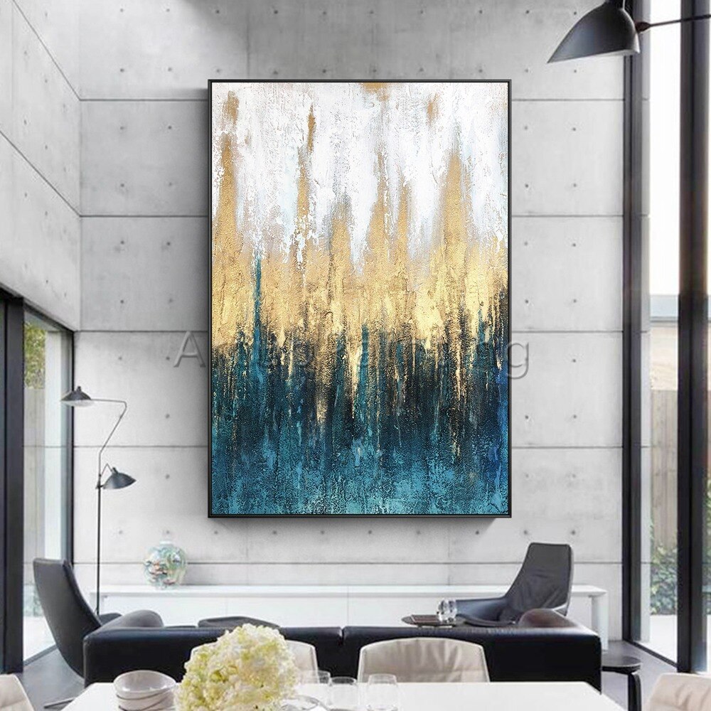 Pintura acr&iacute;lica abstracta moderna hecha a mano, lienzo azul, blanco y dorado, arte de pared, imagen para decoraci&oacute;n del hogar y sala de estar