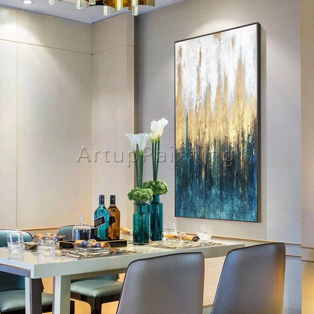Pintura acr&iacute;lica abstracta moderna hecha a mano, lienzo azul, blanco y dorado, arte de pared, imagen para decoraci&oacute;n del hogar y sala de estar