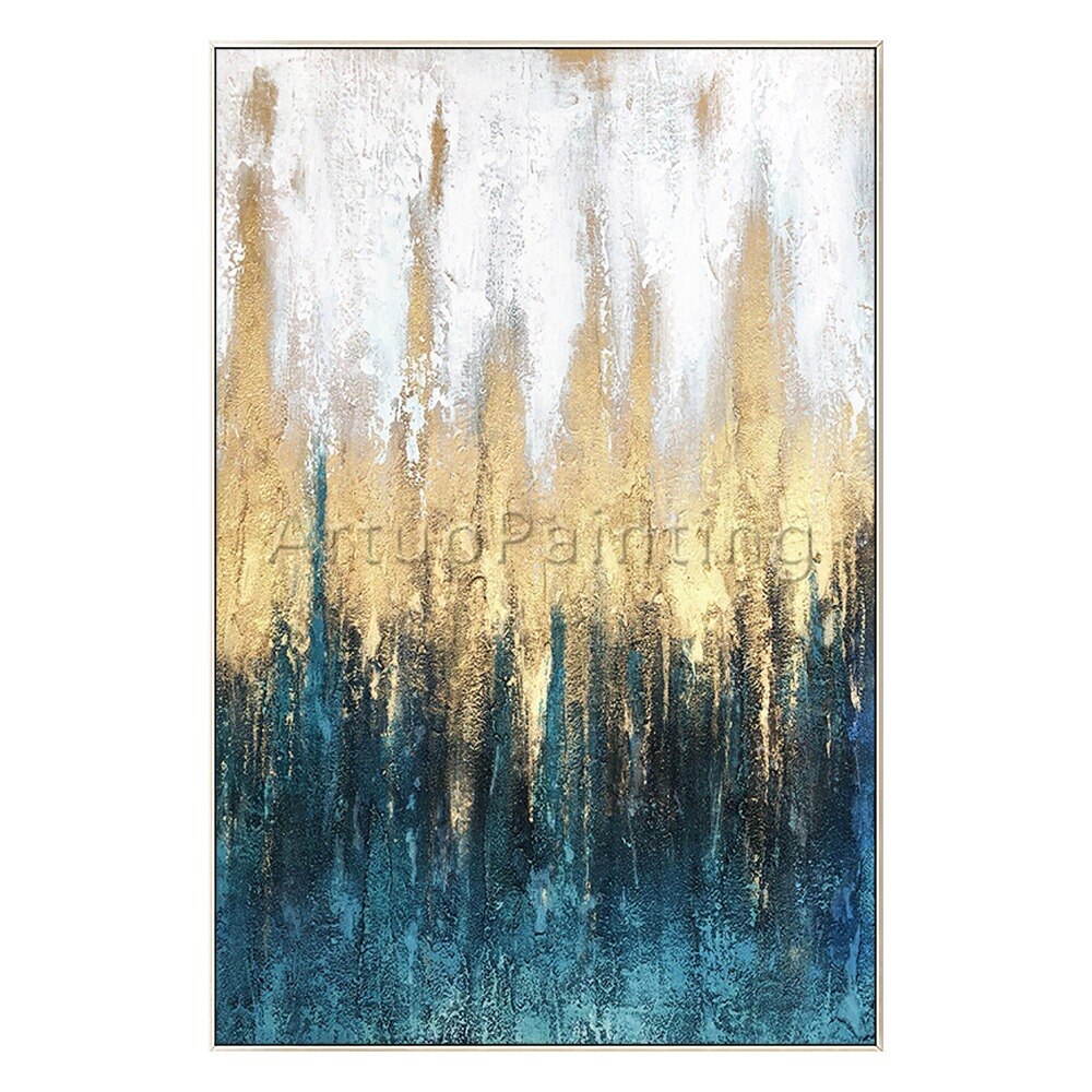 Pintura acr&iacute;lica abstracta moderna hecha a mano, lienzo azul, blanco y dorado, arte de pared, imagen para decoraci&oacute;n del hogar y sala de estar