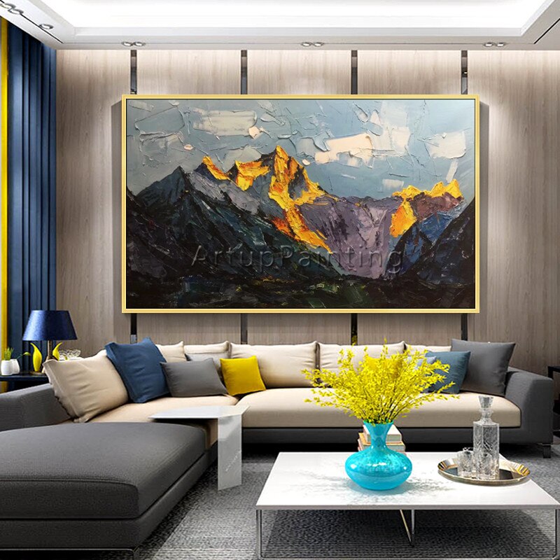 Pintura acr&iacute;lica en lienzo, cuadro de monta&ntilde;a abstracto pintado a mano, im&aacute;genes art&iacute;sticas de pared para decoraci&oacute;n del hogar y sala de estar