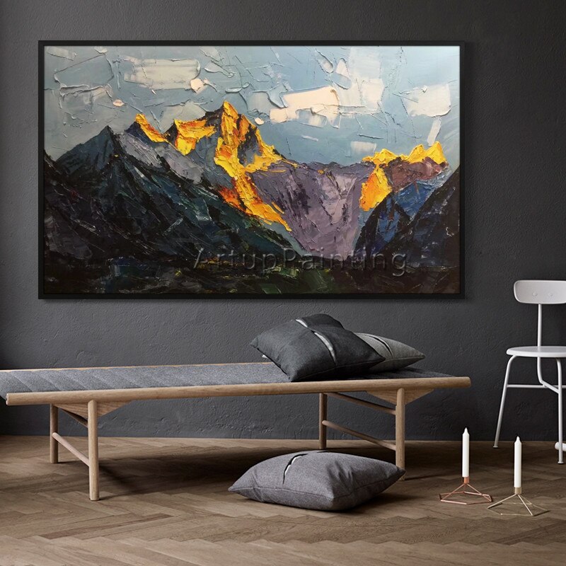 Pintura acr&iacute;lica en lienzo, cuadro de monta&ntilde;a abstracto pintado a mano, im&aacute;genes art&iacute;sticas de pared para decoraci&oacute;n del hogar y sala de estar