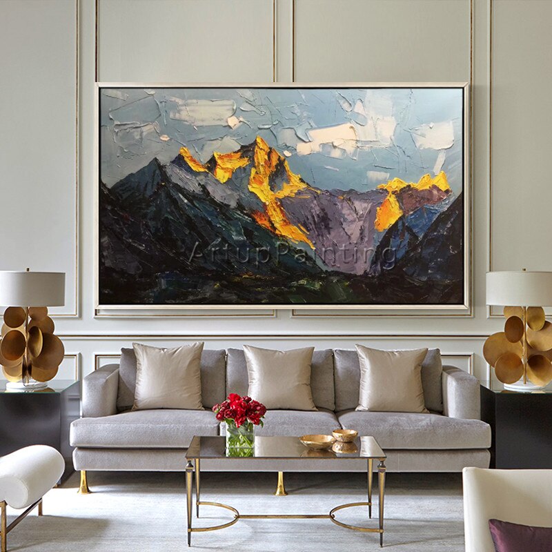 Pintura acr&iacute;lica en lienzo, cuadro de monta&ntilde;a abstracto pintado a mano, im&aacute;genes art&iacute;sticas de pared para decoraci&oacute;n del hogar y sala de estar