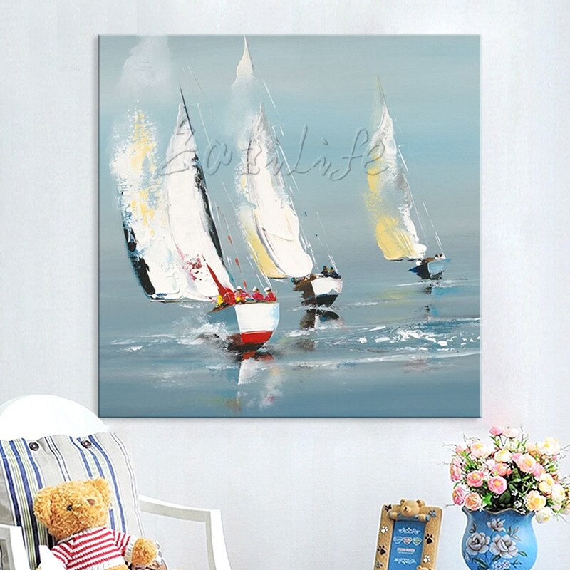 Lienzo de bote pintado a mano, pintura al &oacute;leo, im&aacute;genes de pared para decoraci&oacute;n para las paredes del sal&oacute;n, arte, paleta de pintura, cuchillo, bote 41