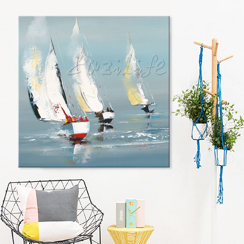 Lienzo de bote pintado a mano, pintura al &oacute;leo, im&aacute;genes de pared para decoraci&oacute;n para las paredes del sal&oacute;n, arte, paleta de pintura, cuchillo, bote 41