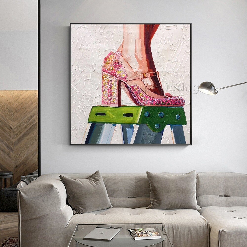 Pinturas al óleo de tacón alto rosa, pinturas abstractas pintadas a mano sobre lienzo, arte de pared, imágenes para decoración de pared de sala de estar Pinturas al óleo de tacón alto rosa, pinturas abstractas pintadas a mano sobre lienzo, arte de pared, imágenes para decoración de pared de sala de estar
