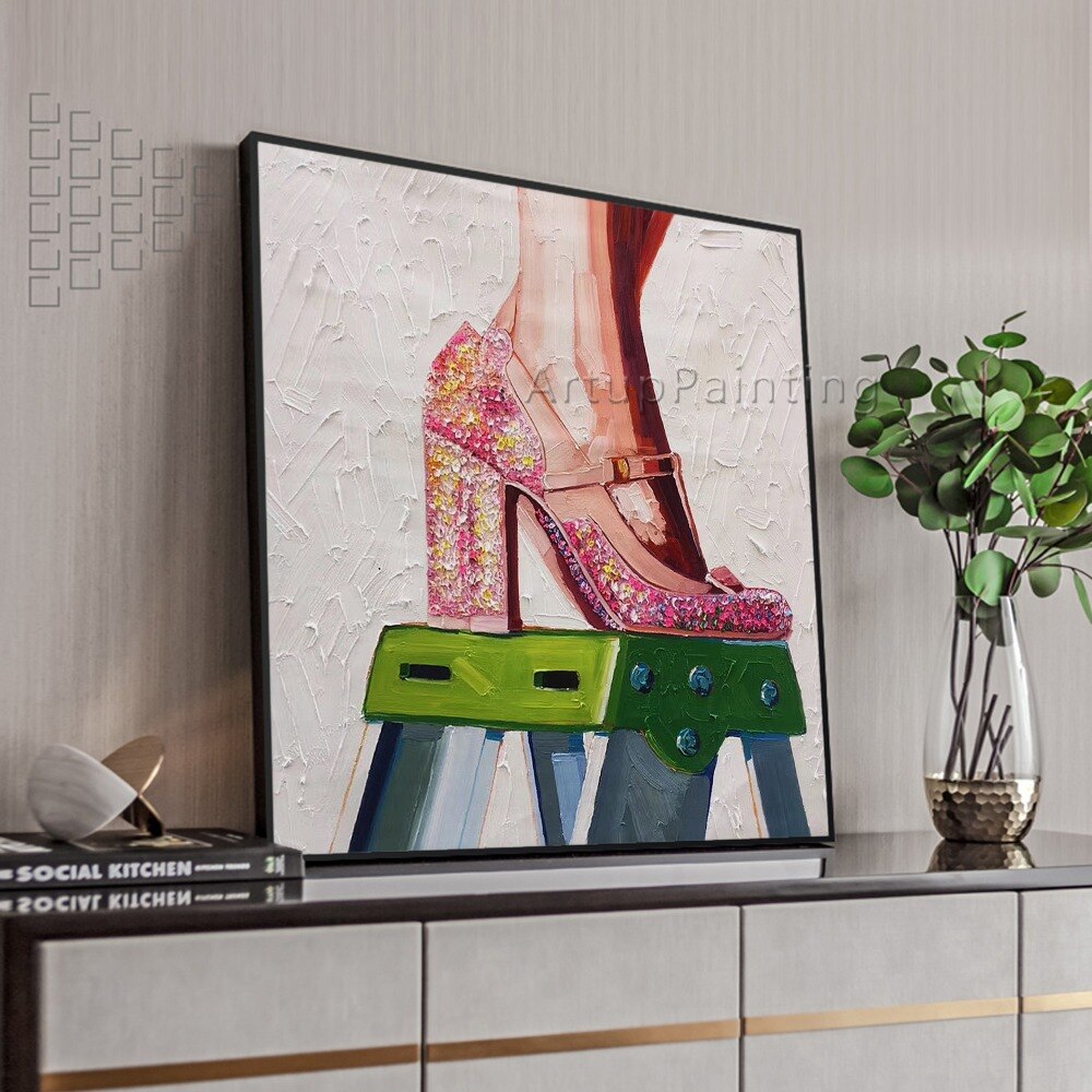 Pinturas al óleo de tacón alto rosa, pinturas abstractas pintadas a mano sobre lienzo, arte de pared, imágenes para decoración de pared de sala de estar Pinturas al óleo de tacón alto rosa, pinturas abstractas pintadas a mano sobre lienzo, arte de pared, imágenes para decoración de pared de sala de estar