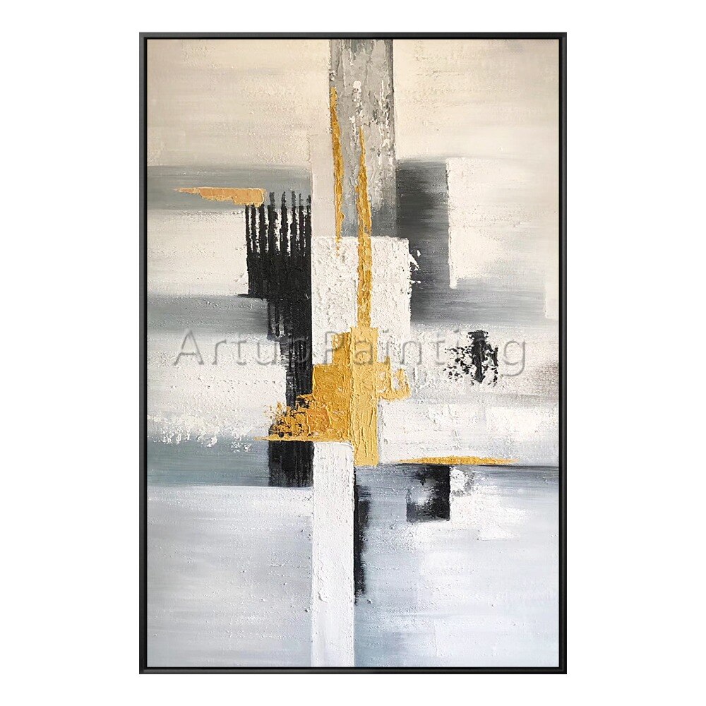 Pintura al &oacute;leo abstracta moderna pintada a mano sobre lienzo, imagen art&iacute;stica de pared para sala de estar, decoraci&oacute;n del hogar, negro, gris, blanco y dorado