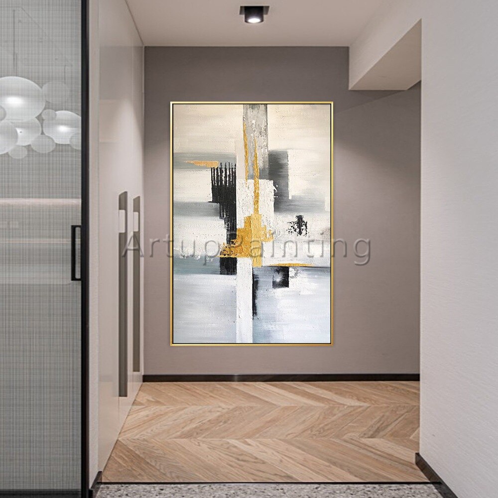 Pintura al &oacute;leo abstracta moderna pintada a mano sobre lienzo, imagen art&iacute;stica de pared para sala de estar, decoraci&oacute;n del hogar, negro, gris, blanco y dorado