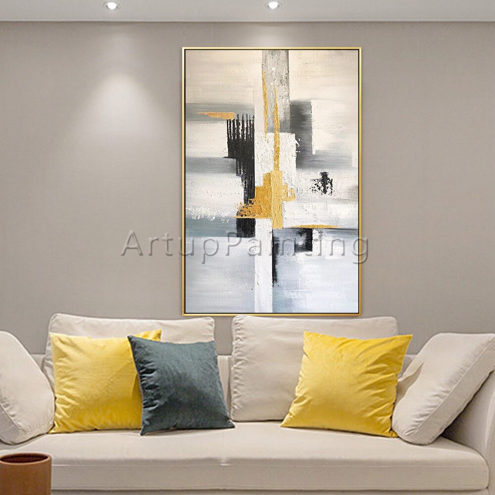 Pintura al &oacute;leo abstracta moderna pintada a mano sobre lienzo, imagen art&iacute;stica de pared para sala de estar, decoraci&oacute;n del hogar, negro, gris, blanco y dorado