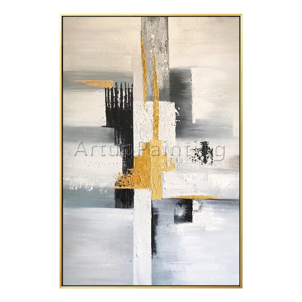 Pintura al &oacute;leo abstracta moderna pintada a mano sobre lienzo, imagen art&iacute;stica de pared para sala de estar, decoraci&oacute;n del hogar, negro, gris, blanco y dorado