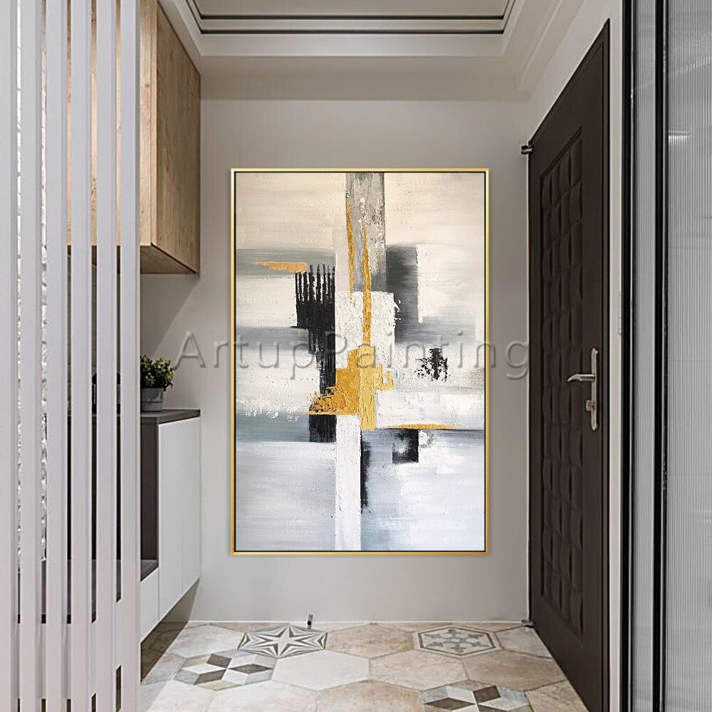 Pintura al &oacute;leo abstracta moderna pintada a mano sobre lienzo, imagen art&iacute;stica de pared para sala de estar, decoraci&oacute;n del hogar, negro, gris, blanco y dorado
