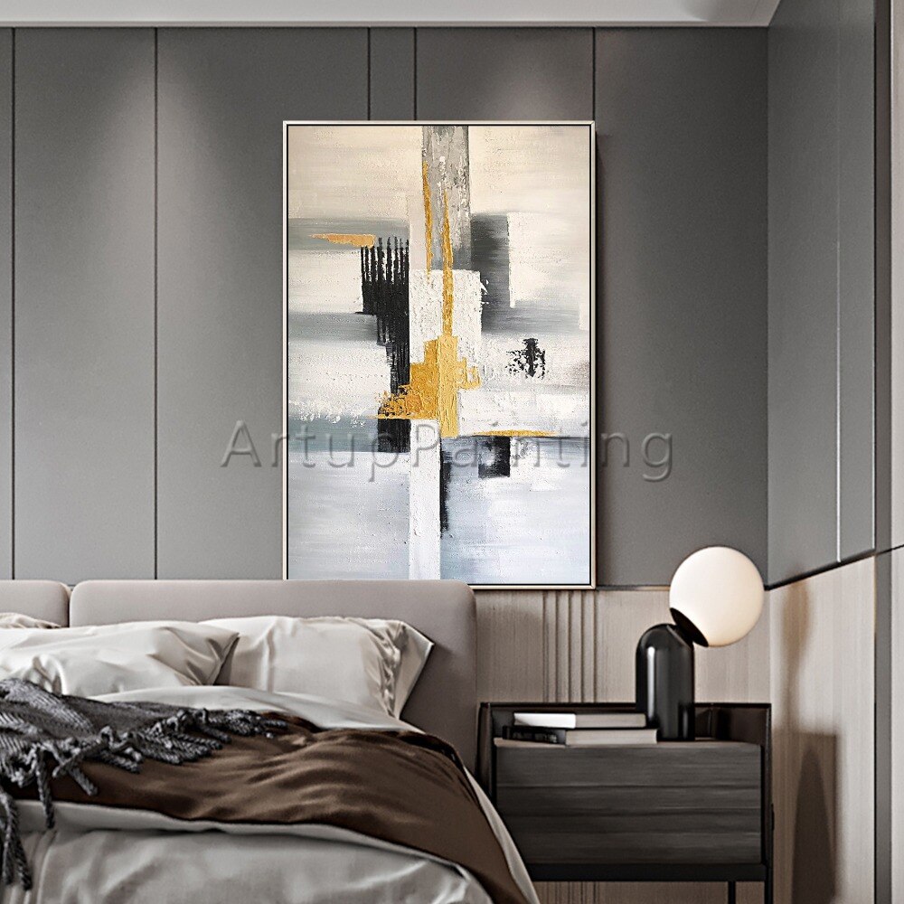Pintura al &oacute;leo abstracta moderna pintada a mano sobre lienzo, imagen art&iacute;stica de pared para sala de estar, decoraci&oacute;n del hogar, negro, gris, blanco y dorado