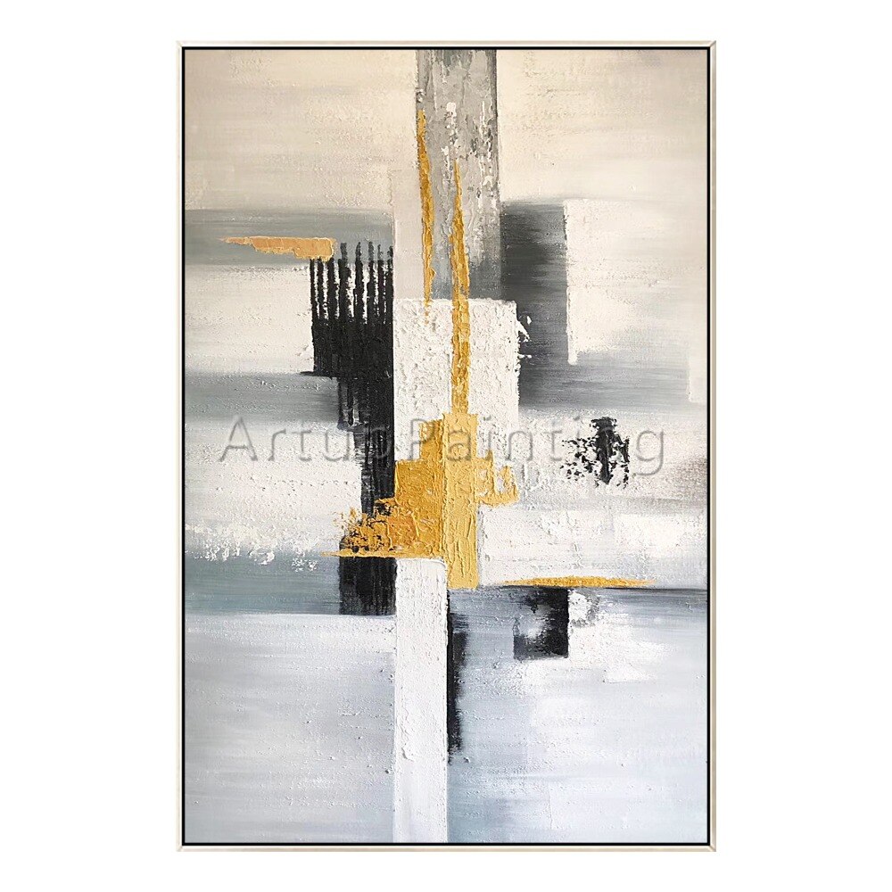 Pintura al &oacute;leo abstracta moderna pintada a mano sobre lienzo, imagen art&iacute;stica de pared para sala de estar, decoraci&oacute;n del hogar, negro, gris, blanco y dorado