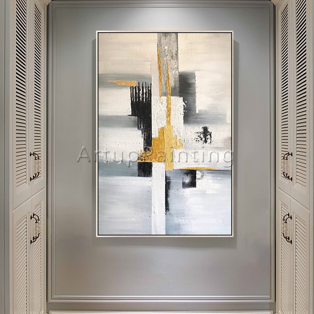 Pintura al &oacute;leo abstracta moderna pintada a mano sobre lienzo, imagen art&iacute;stica de pared para sala de estar, decoraci&oacute;n del hogar, negro, gris, blanco y dorado