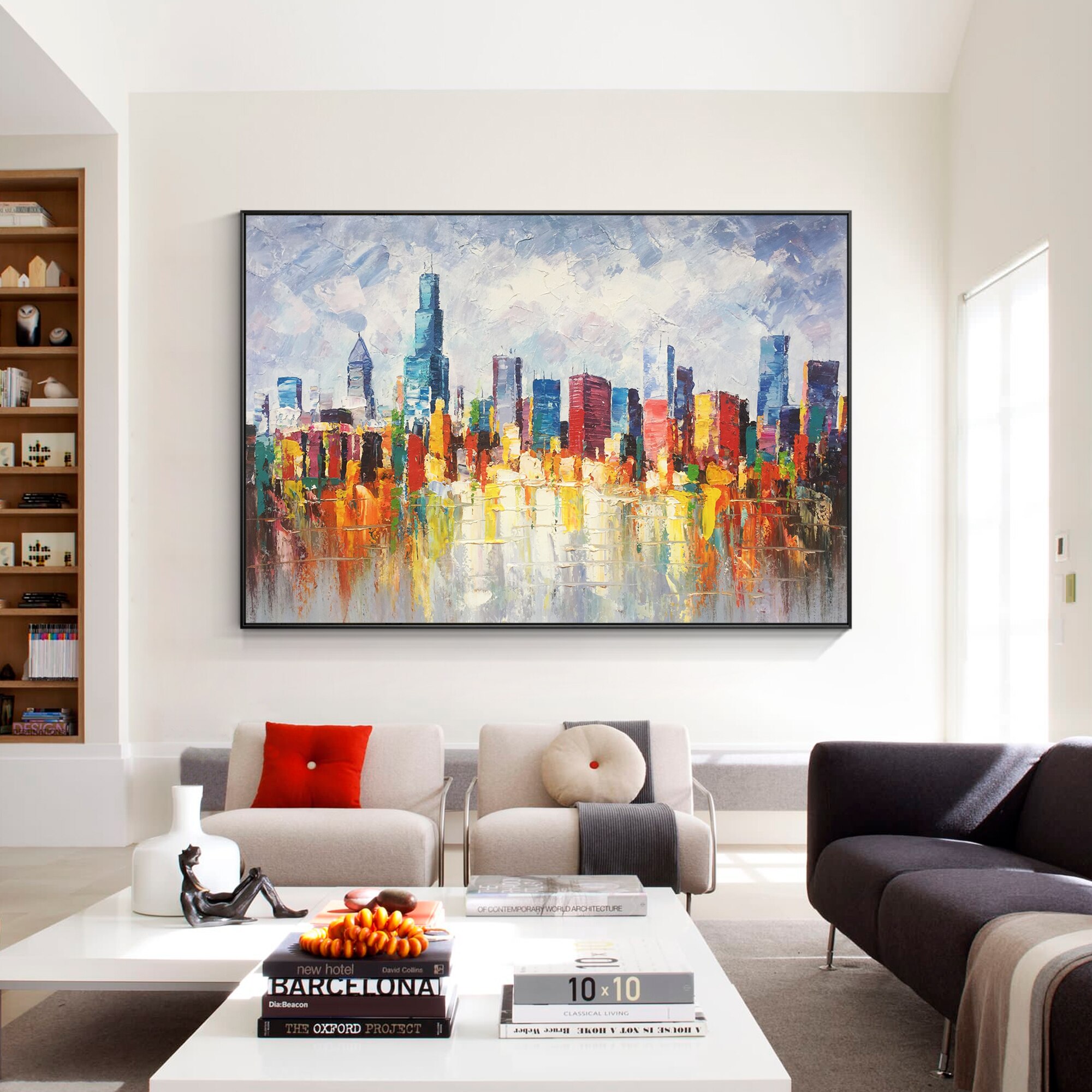 Lienzo de pintura de paisaje urbano de Chicago Skyline, cuchillo de paleta Original de textura pesada, decoraci&oacute;n art&iacute;stica de pared enmarcada para sala de estar/dormitorio, urbano