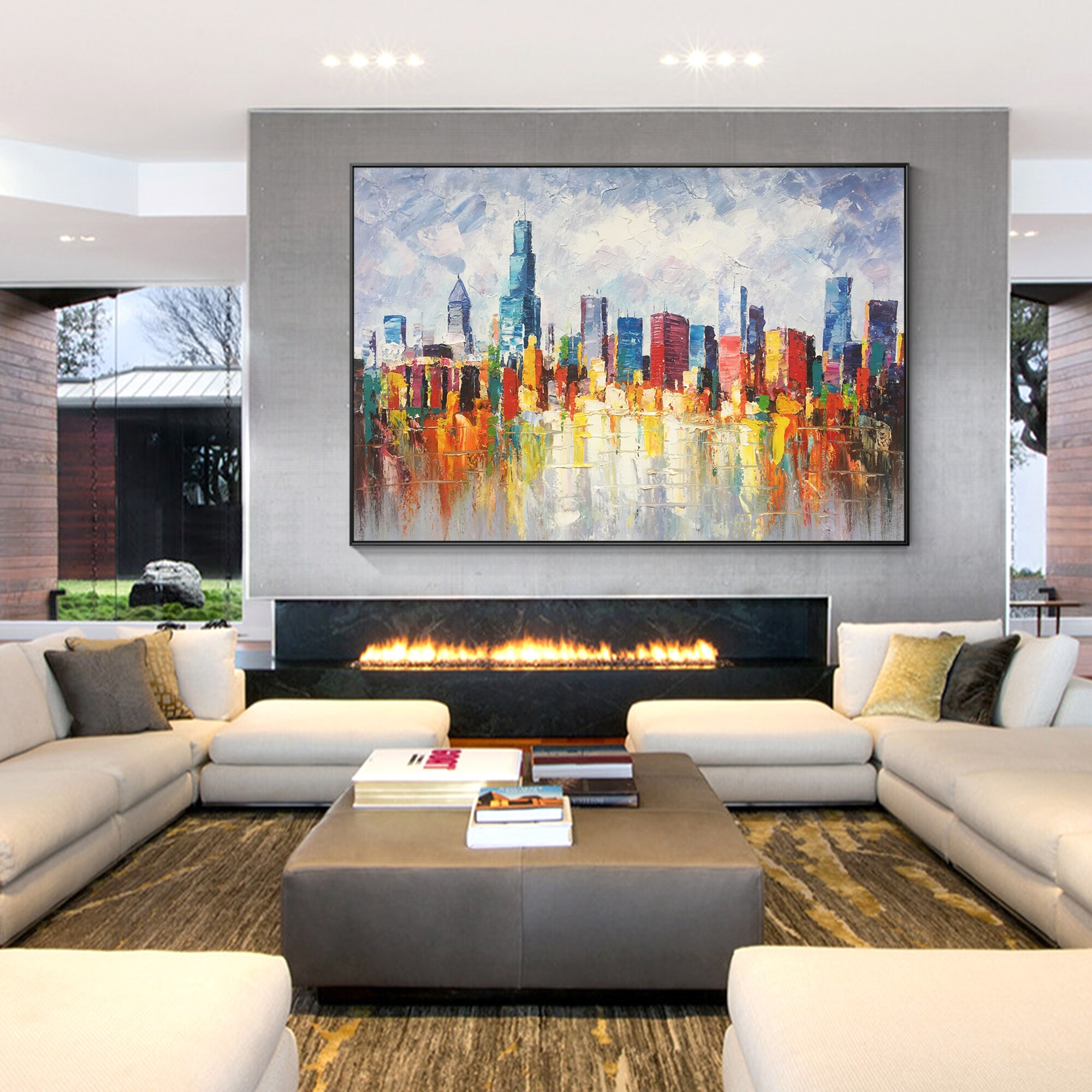 Lienzo de pintura de paisaje urbano de Chicago Skyline, cuchillo de paleta Original de textura pesada, decoraci&oacute;n art&iacute;stica de pared enmarcada para sala de estar/dormitorio, urbano