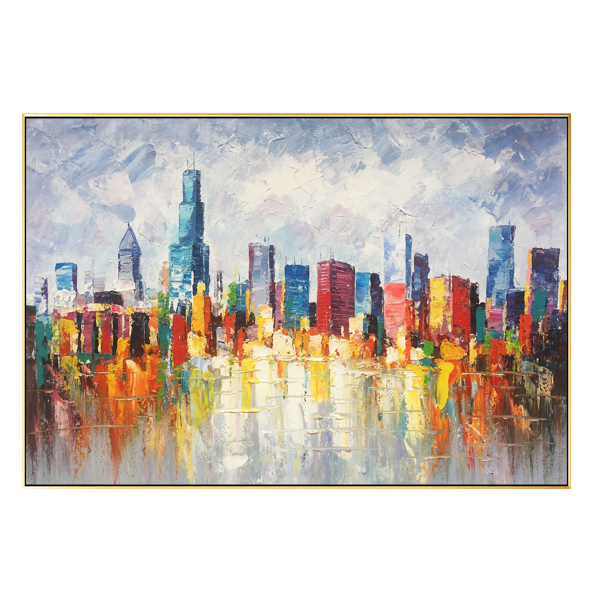 Lienzo de pintura de paisaje urbano de Chicago Skyline, cuchillo de paleta Original de textura pesada, decoraci&oacute;n art&iacute;stica de pared enmarcada para sala de estar/dormitorio, urbano