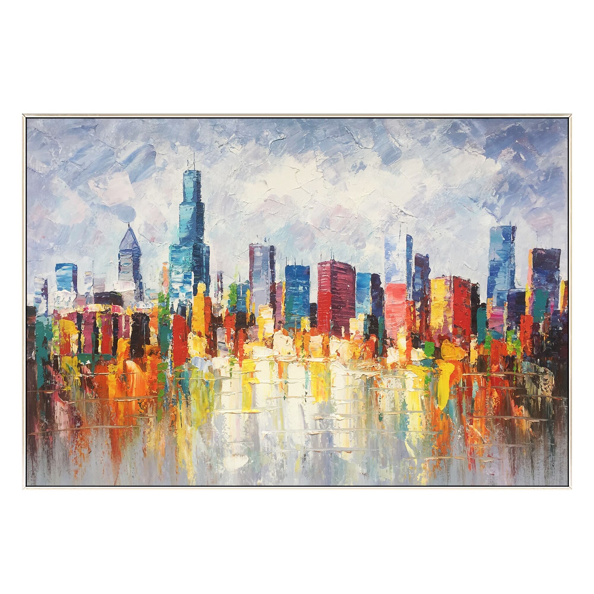 Lienzo de pintura de paisaje urbano de Chicago Skyline, cuchillo de paleta Original de textura pesada, decoraci&oacute;n art&iacute;stica de pared enmarcada para sala de estar/dormitorio, urbano