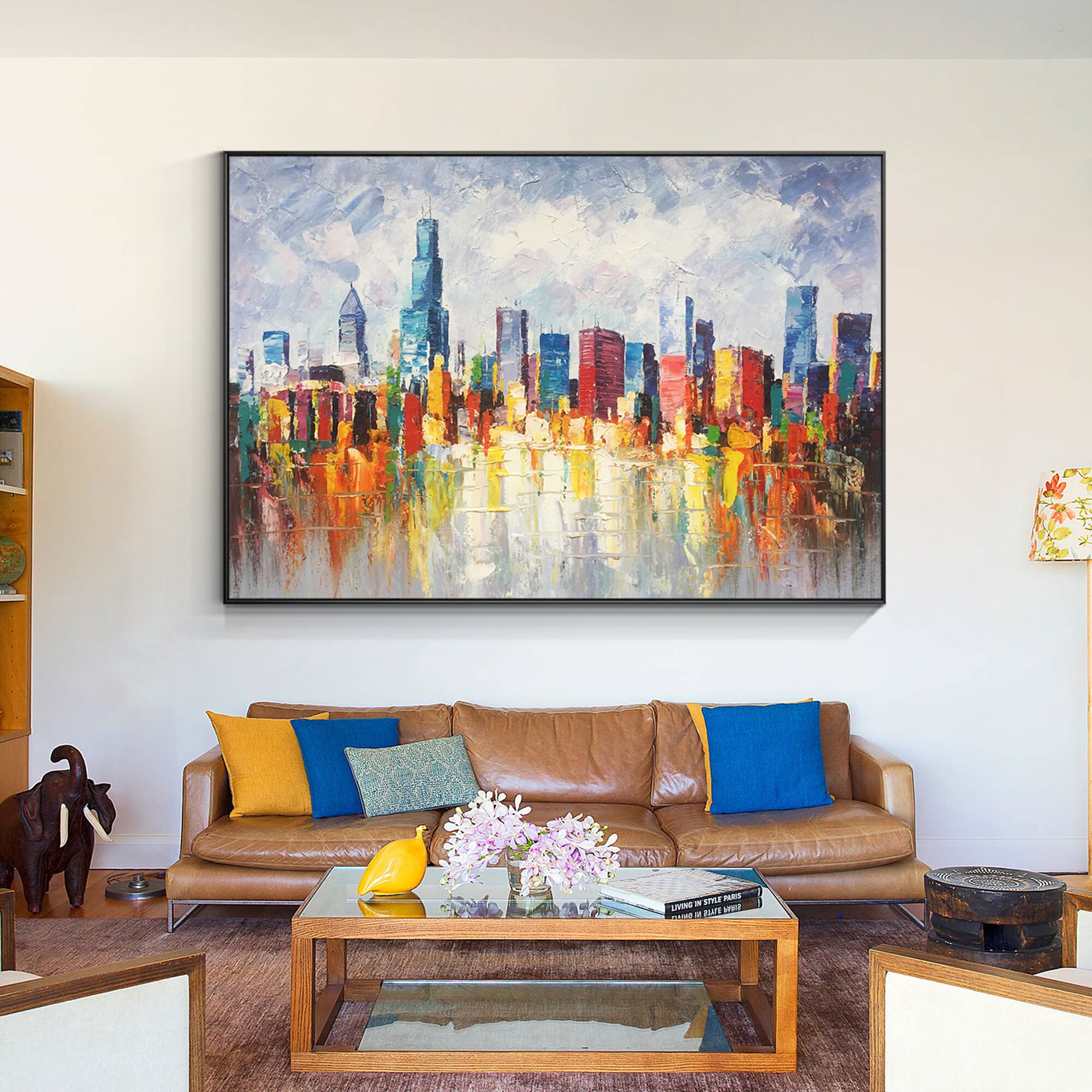 Lienzo de pintura de paisaje urbano de Chicago Skyline, cuchillo de paleta Original de textura pesada, decoraci&oacute;n art&iacute;stica de pared enmarcada para sala de estar/dormitorio, urbano