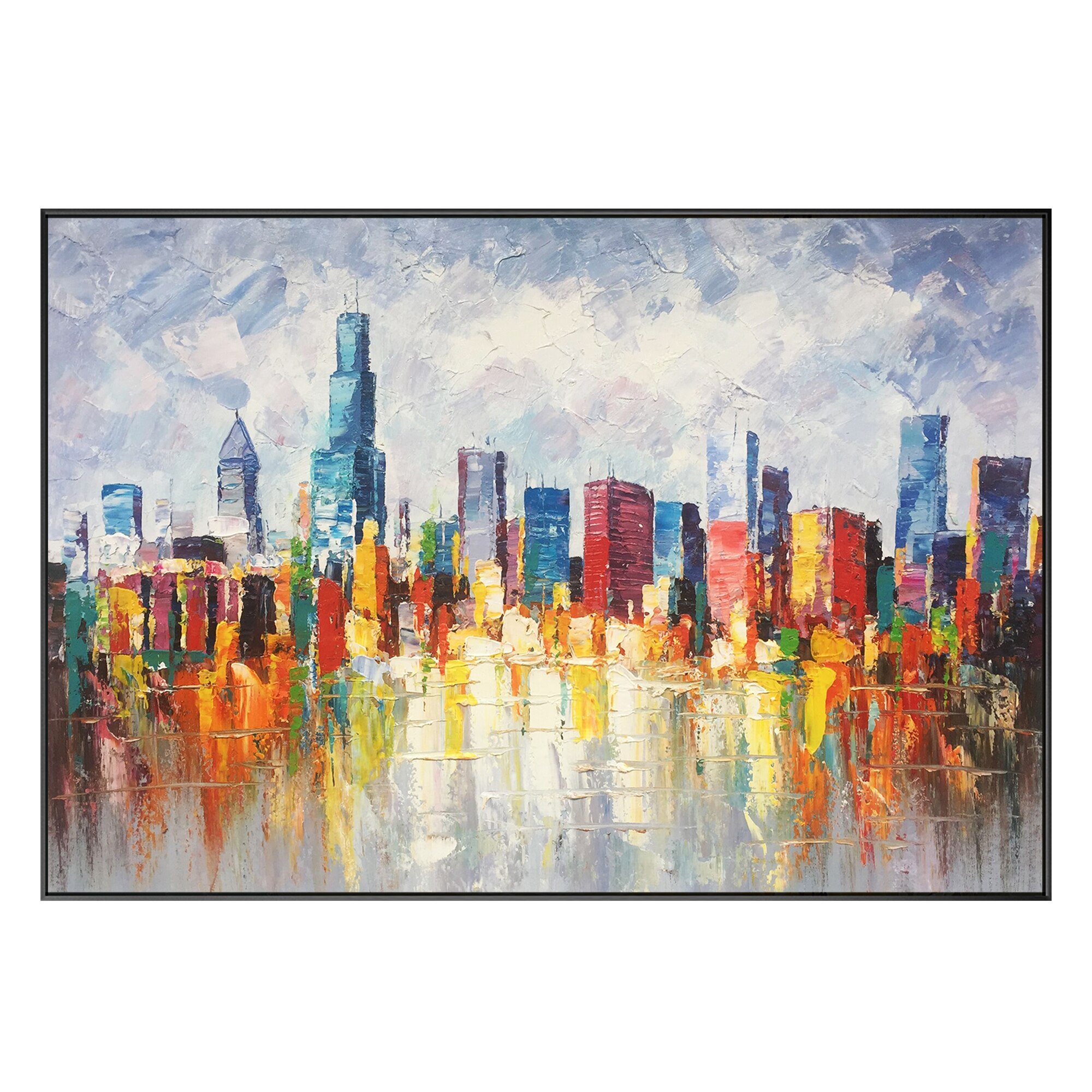 Lienzo de pintura de paisaje urbano de Chicago Skyline, cuchillo de paleta Original de textura pesada, decoraci&oacute;n art&iacute;stica de pared enmarcada para sala de estar/dormitorio, urbano