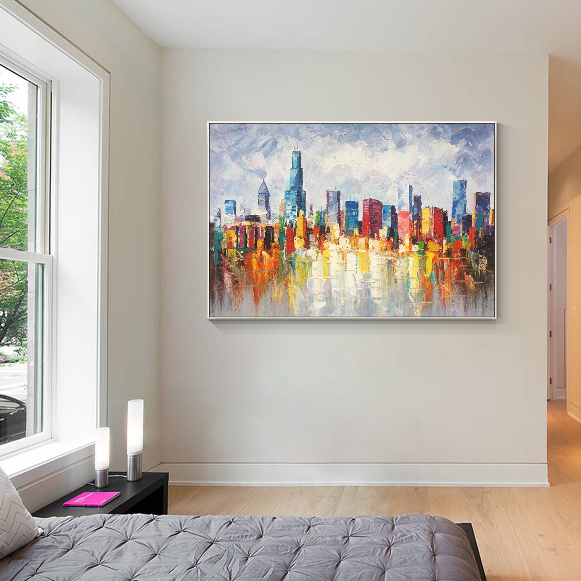 Lienzo de pintura de paisaje urbano de Chicago Skyline, cuchillo de paleta Original de textura pesada, decoraci&oacute;n art&iacute;stica de pared enmarcada para sala de estar/dormitorio, urbano
