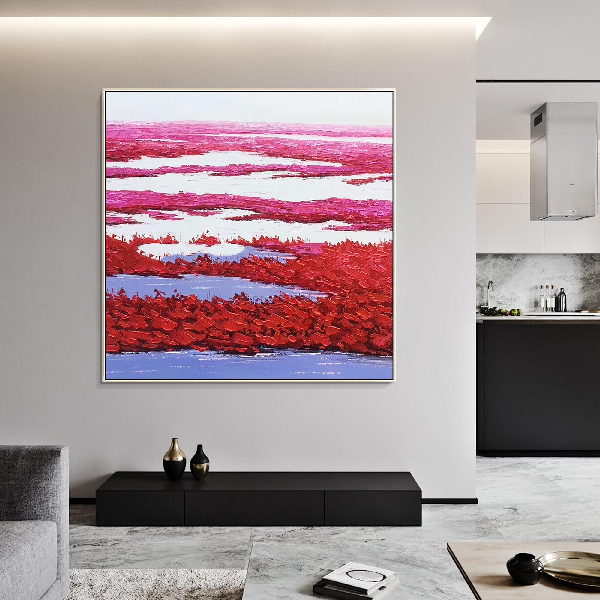 Pintura abstracta moderna sobre lienzo para decoraci&oacute;n del hogar, arte de pared con textura pesada acr&iacute;lica Original grande, color rojo, azul, mar, para sala de estar