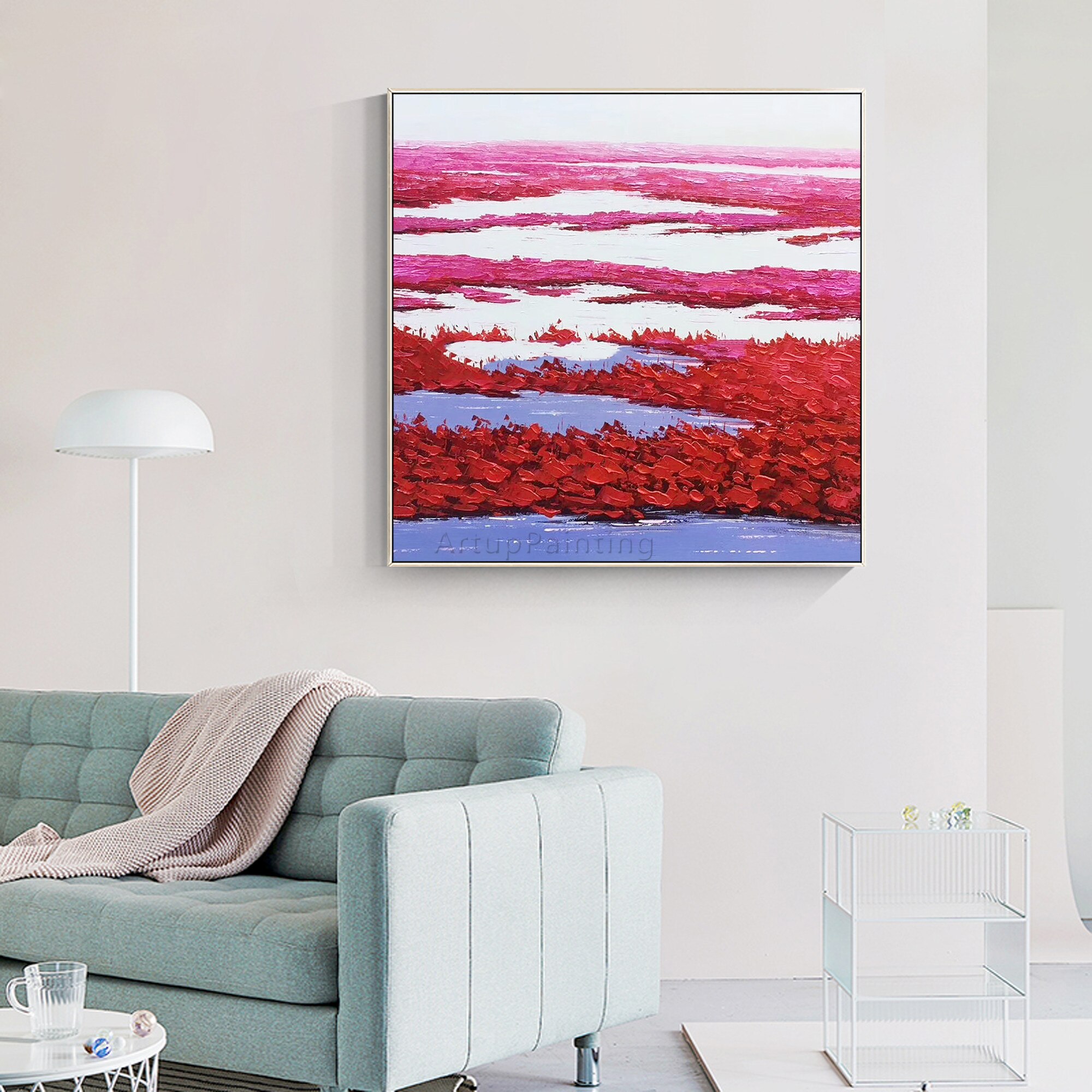 Pintura abstracta moderna sobre lienzo para decoraci&oacute;n del hogar, arte de pared con textura pesada acr&iacute;lica Original grande, color rojo, azul, mar, para sala de estar