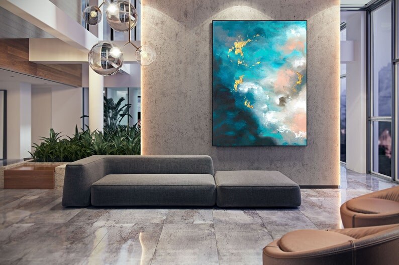 Arte Abstracto de pared para decoraci&oacute;n del hogar, pintura acr&iacute;lica sobre lienzo, rosa, oro, azul, playa, mar, decoraci&oacute;n de Caudros