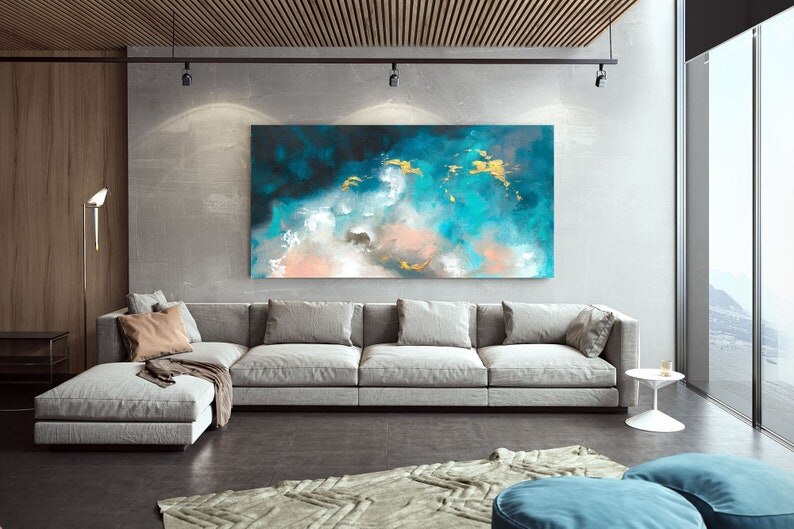 Arte Abstracto de pared para decoraci&oacute;n del hogar, pintura acr&iacute;lica sobre lienzo, rosa, oro, azul, playa, mar, decoraci&oacute;n de Caudros