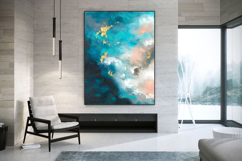 Arte Abstracto de pared para decoraci&oacute;n del hogar, pintura acr&iacute;lica sobre lienzo, rosa, oro, azul, playa, mar, decoraci&oacute;n de Caudros