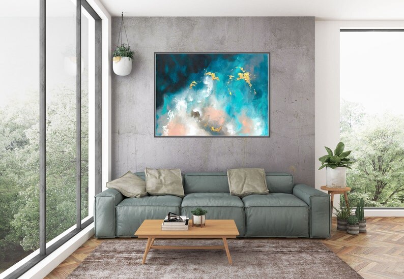 Arte Abstracto de pared para decoraci&oacute;n del hogar, pintura acr&iacute;lica sobre lienzo, rosa, oro, azul, playa, mar, decoraci&oacute;n de Caudros