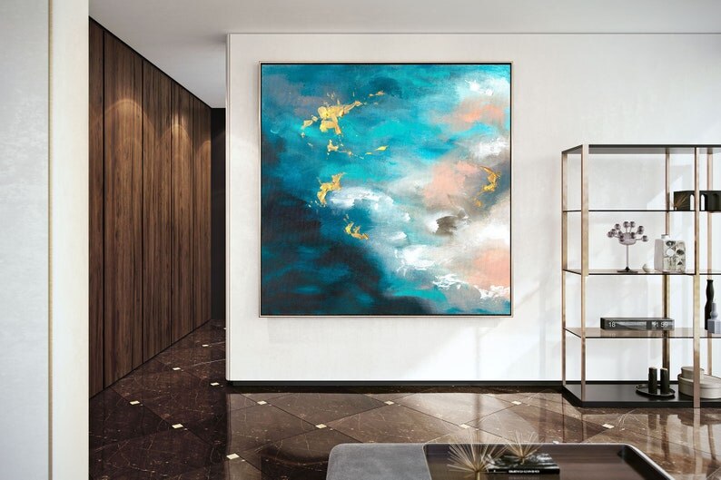 Arte Abstracto de pared para decoraci&oacute;n del hogar, pintura acr&iacute;lica sobre lienzo, rosa, oro, azul, playa, mar, decoraci&oacute;n de Caudros