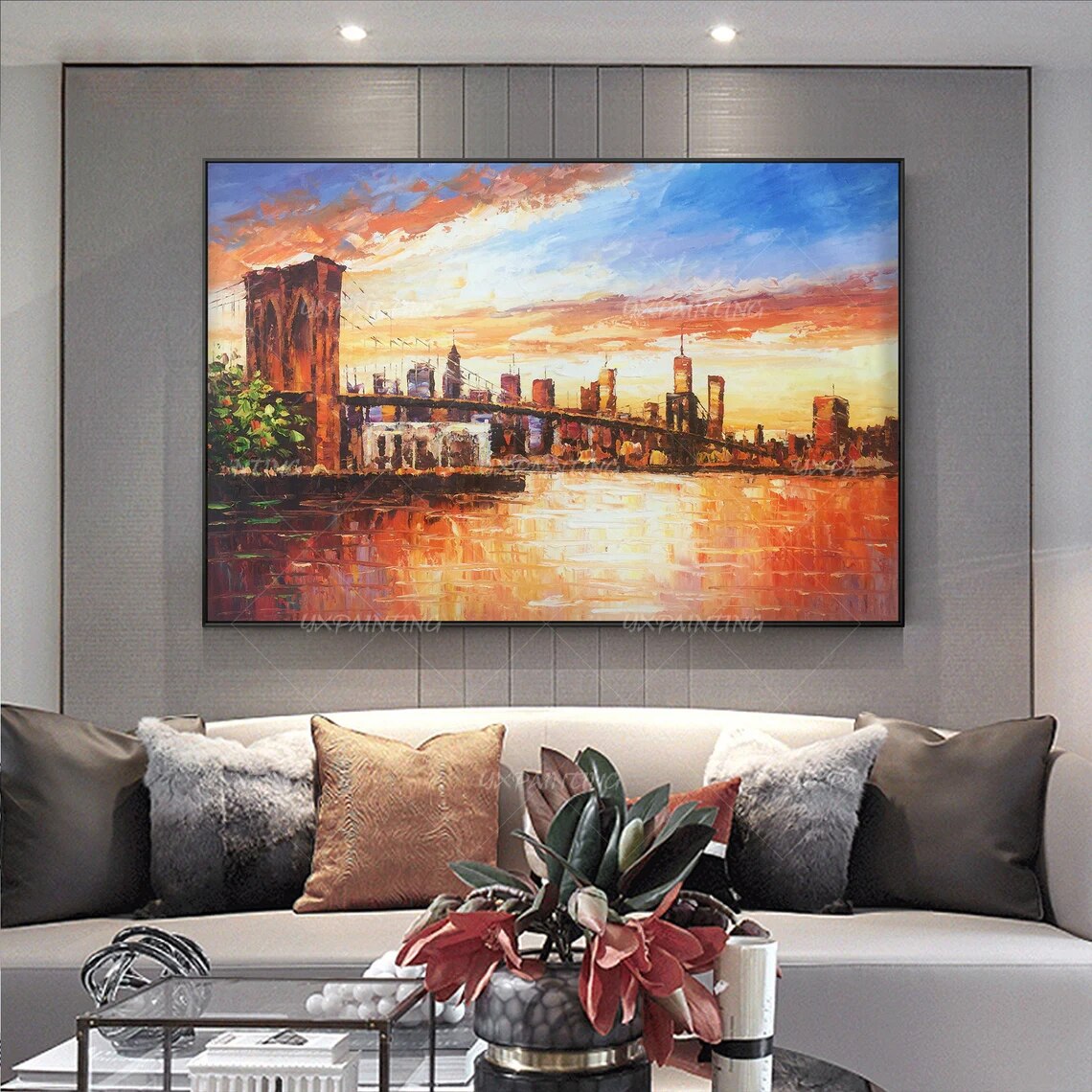 Lienzo de pintura de paisaje urbano pintado a mano, arte de pared de textura Original, decoraci&oacute;n de Arte de pared enmarcada para sala de estar/dormitorio