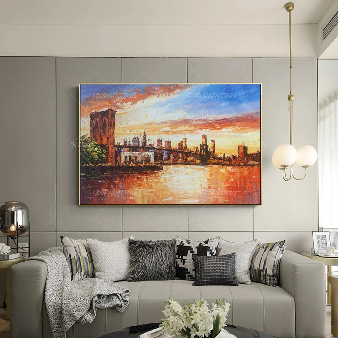 Lienzo de pintura de paisaje urbano pintado a mano, arte de pared de textura Original, decoraci&oacute;n de Arte de pared enmarcada para sala de estar/dormitorio