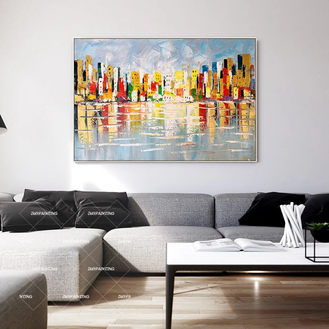 Lienzo de pintura de paisaje urbano de Chicago pintado a mano, arte de pared de textura Original, decoraci&oacute;n de Arte de pared enmarcada para sala de estar/dormitorio