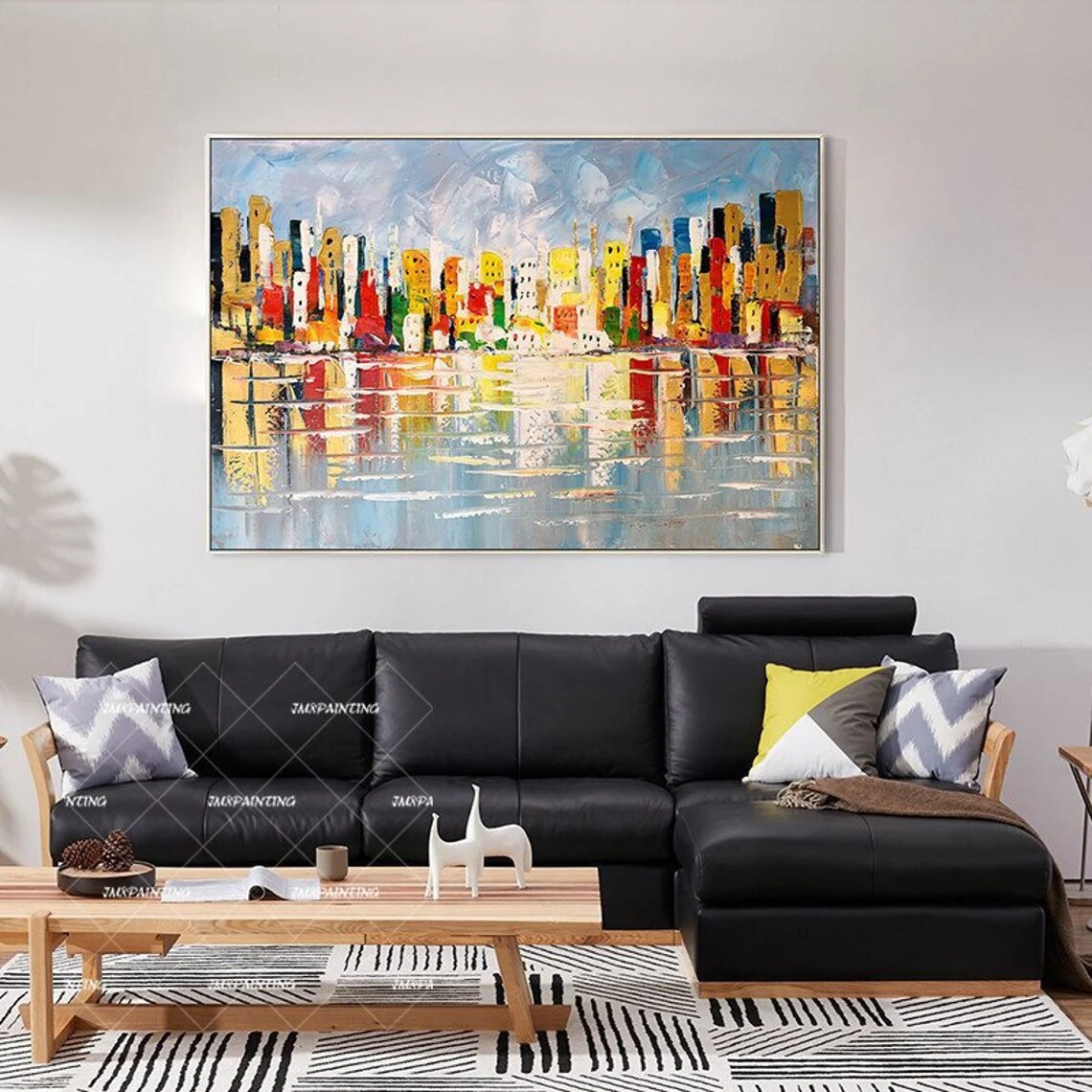 Lienzo de pintura de paisaje urbano de Chicago pintado a mano, arte de pared de textura Original, decoraci&oacute;n de Arte de pared enmarcada para sala de estar/dormitorio