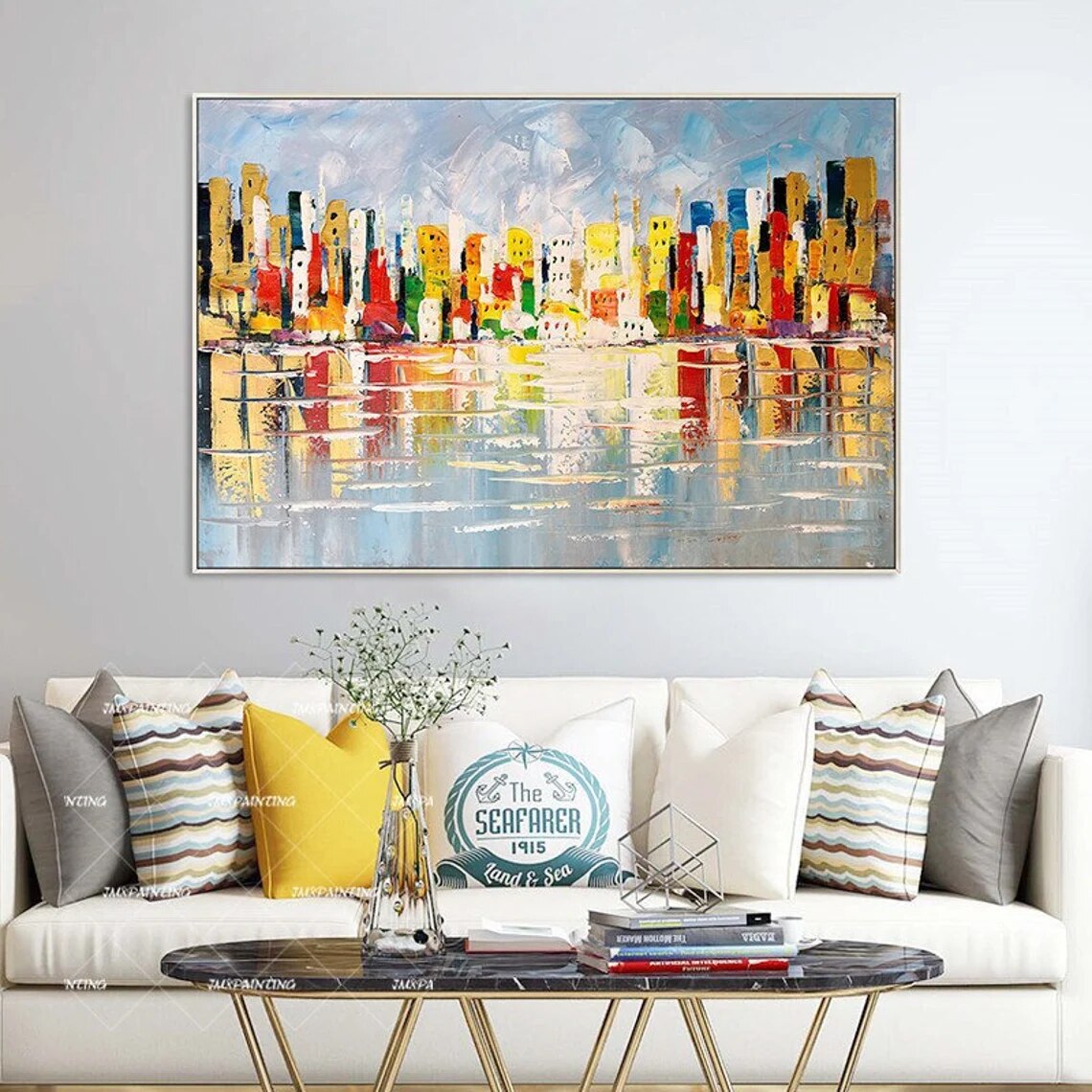 Lienzo de pintura de paisaje urbano de Chicago pintado a mano, arte de pared de textura Original, decoraci&oacute;n de Arte de pared enmarcada para sala de estar/dormitorio
