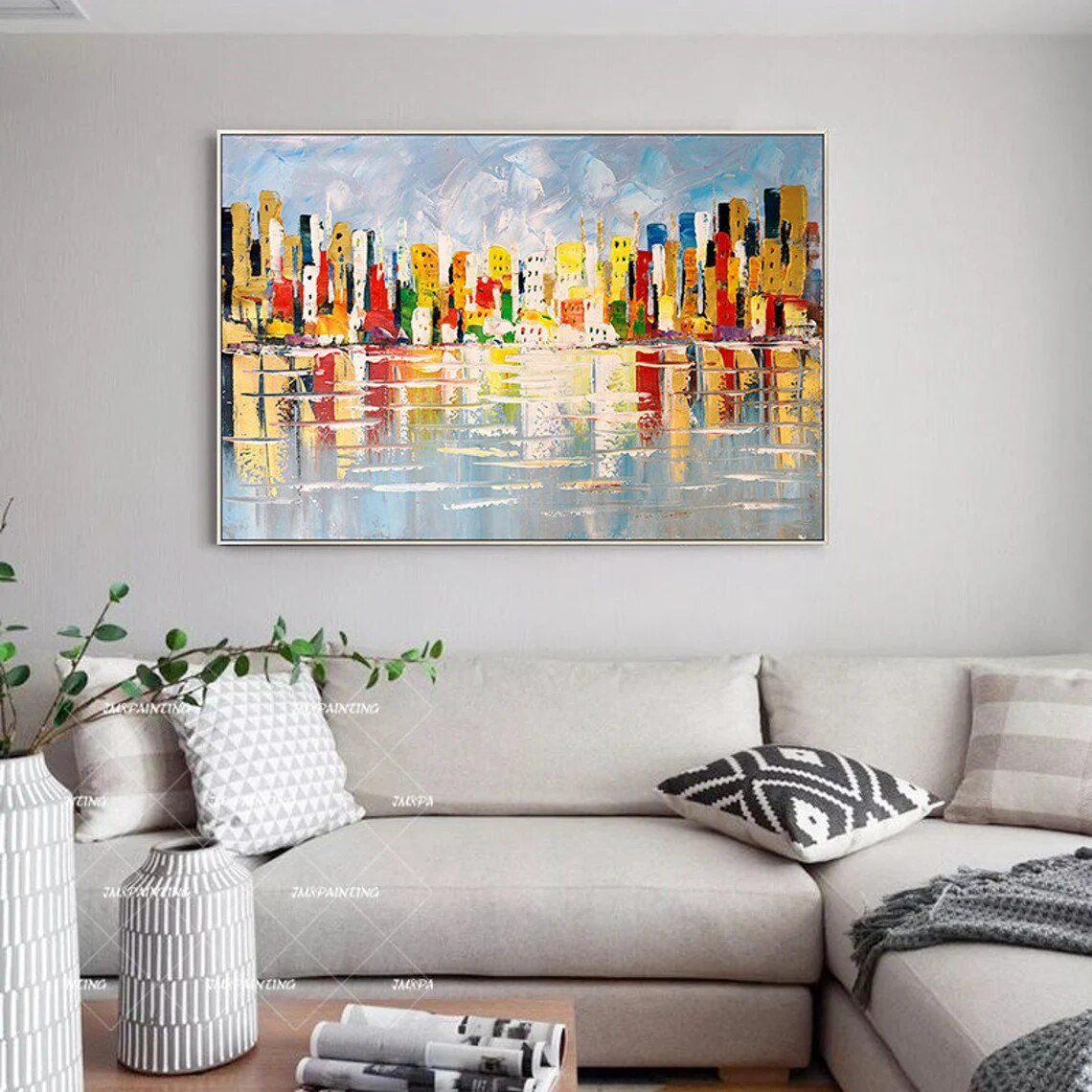 Lienzo de pintura de paisaje urbano de Chicago pintado a mano, arte de pared de textura Original, decoraci&oacute;n de Arte de pared enmarcada para sala de estar/dormitorio