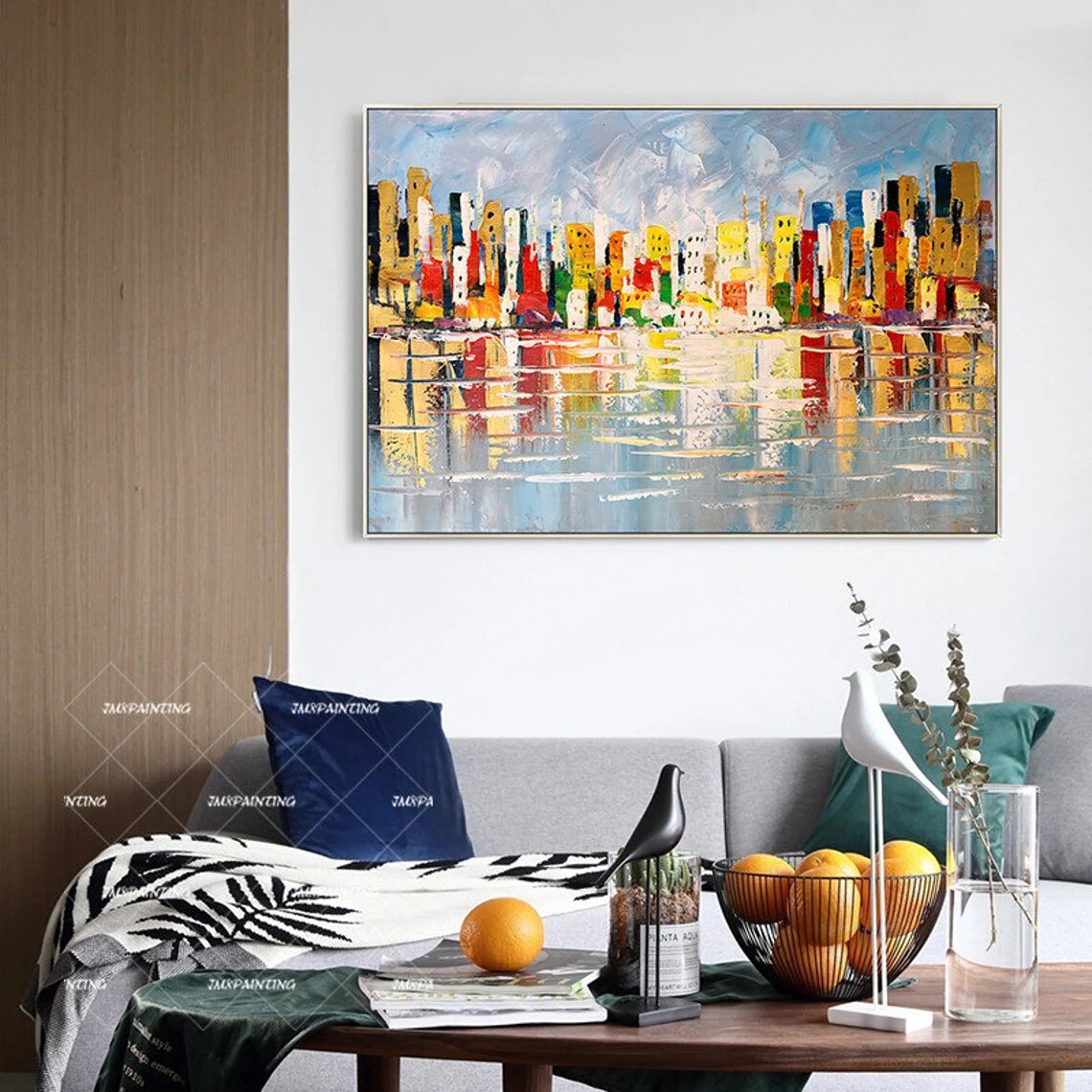 Lienzo de pintura de paisaje urbano de Chicago pintado a mano, arte de pared de textura Original, decoraci&oacute;n de Arte de pared enmarcada para sala de estar/dormitorio
