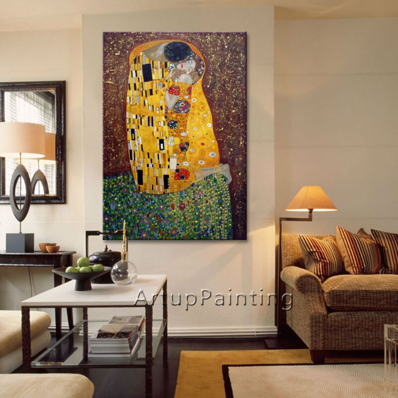 Gustav Klimt-pintura al &oacute;leo sobre lienzo para sala de estar, arte de pared, lienzo pintado a mano, el beso