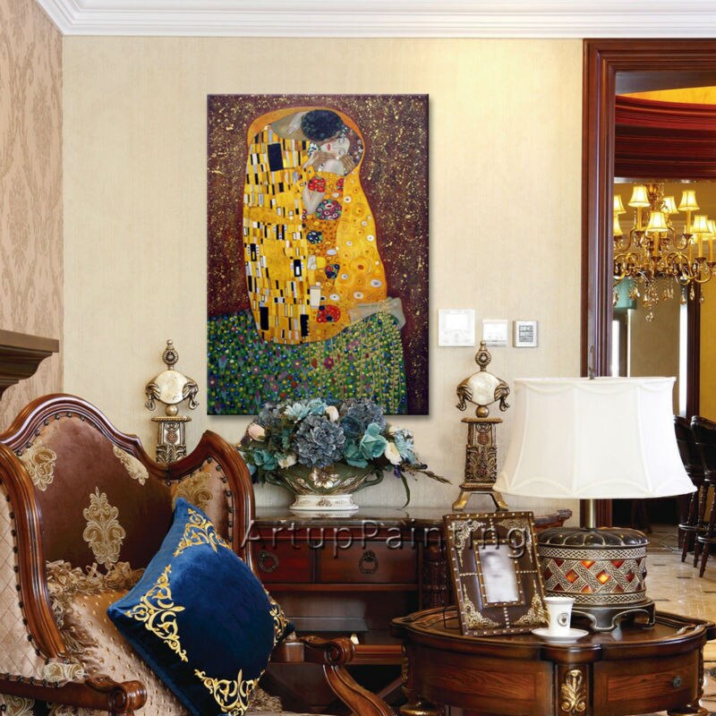 Gustav Klimt-pintura al &oacute;leo sobre lienzo para sala de estar, arte de pared, lienzo pintado a mano, el beso