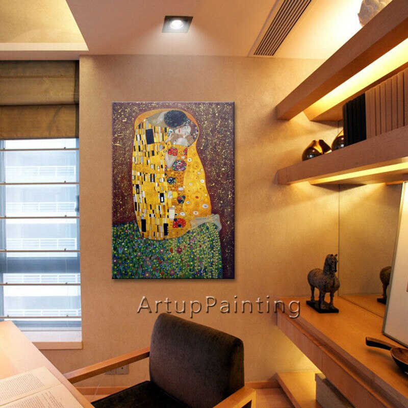 Gustav Klimt-pintura al &oacute;leo sobre lienzo para sala de estar, arte de pared, lienzo pintado a mano, el beso