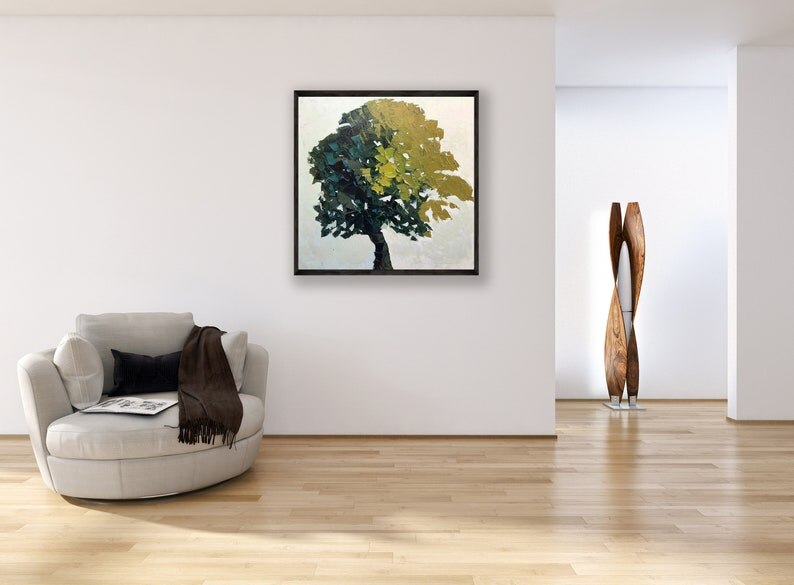 Paleta de &aacute;rbol verde para decoraci&oacute;n de pared, pintura acr&iacute;lica abstracta de plantas, lienzo pintado a mano, pintura art&iacute;stica para sala de estar