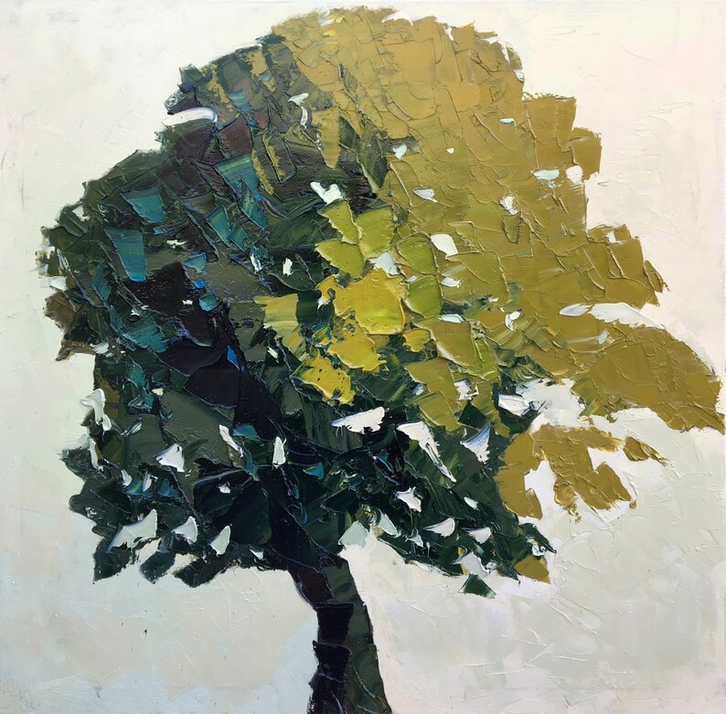Paleta de &aacute;rbol verde para decoraci&oacute;n de pared, pintura acr&iacute;lica abstracta de plantas, lienzo pintado a mano, pintura art&iacute;stica para sala de estar