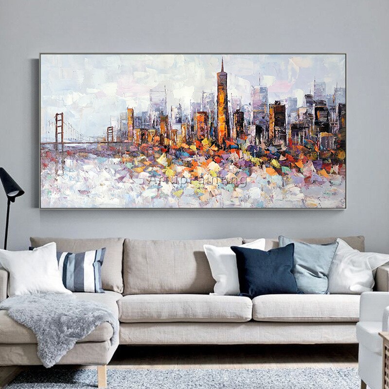 Paleta de pintura al &oacute;leo de paisaje urbano de Nueva York pintada a mano, textura de cuchillo, pintura abstracta sobre lienzo, imagen art&iacute;stica de pared para sala de estar