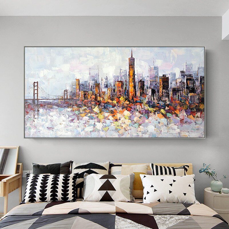 Paleta de pintura al &oacute;leo de paisaje urbano de Nueva York pintada a mano, textura de cuchillo, pintura abstracta sobre lienzo, imagen art&iacute;stica de pared para sala de estar