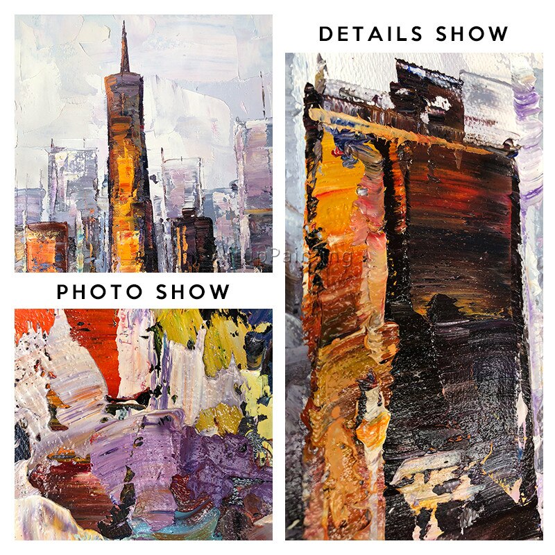 Paleta de pintura al &oacute;leo de paisaje urbano de Nueva York pintada a mano, textura de cuchillo, pintura abstracta sobre lienzo, imagen art&iacute;stica de pared para sala de estar