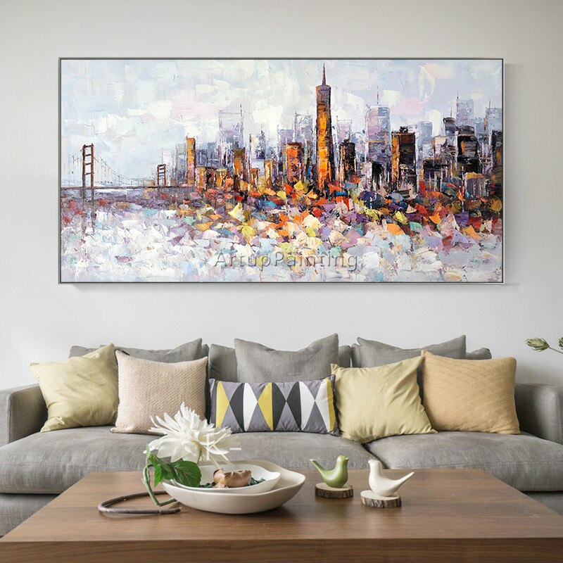 Paleta de pintura al &oacute;leo de paisaje urbano de Nueva York pintada a mano, textura de cuchillo, pintura abstracta sobre lienzo, imagen art&iacute;stica de pared para sala de estar